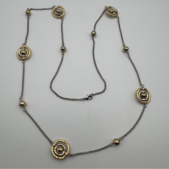 Unbranded Jewelry - Mixed Metal Long Necklace Silver Gold Tone Spinning Rings Beads 36”